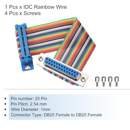 MECCANIXITY IDC Rainbow Wire Flat Ribbon Cable DB25 Female to DB25 Female 3.9 Inch Length 2.54mm Pitch Breadboard Jumper Wires for Electronic Projects - size: 3.9 Inch, style: DB25 Female to DB25 Female