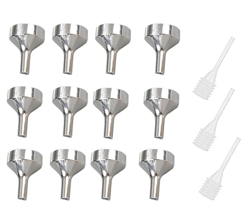 12 Pcs 1.5 Inch x 1 Inch Small Metal Funners with 3 Pcs 2.6 Inch Pipette for Filling Bottle and Containers, Oil and Liquid Tranfer (Silver Funnels 12pcs +3pcs Mini Pipette)