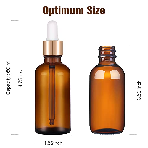 PrettyCare Glass Eye Dropper Bottles 2oz (60ml), 12 Pcs Amber Empty Thick Bottles Bulk with Leakproof Golden Caps - With Labels & Funnels for for Storage, Travel,Essential Oils, DIY Serums, Tincture - color: 2oz Amber, style: 12 Pack