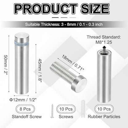 PATIKIL 1/2x2" Standoff Screws, 8 Pack Stainless Steel Stand Off Wall Mounts Wall Sign Mounting Hardware Advertising Standoff Nail for Hanging Acrylic Signs Picture Frame, Silver - size: 1/2x2"