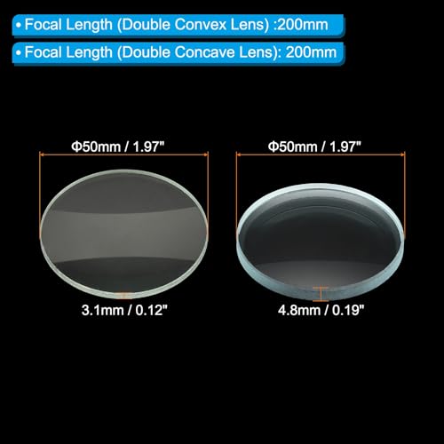 PATIKIL Convex Lens, 200-200mm Focal Length 50mm (1.97") Diameter Round Glass Magnifying Telescope Lens Trial Set Ground Edge for Lab Physics Class Optics, 4 Pcs - size: 200/-200mm FL, 50mm Dia.