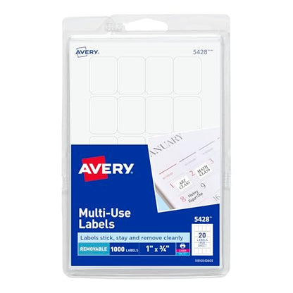 Avery® Self-Adhesive Removable Labels, 0.75 x 1 Inches, White, 1000 per Pack (05428)