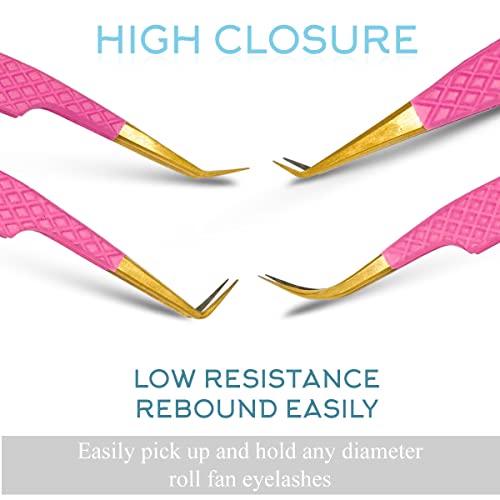 Fiber Tip Lash Tweezers Set of 4, Pink, Diamond Grip, Japanese Steel - color: Pink