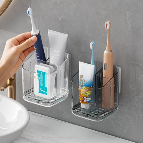3 Slots Detachable Toothbrush Holders Wall Mounted for Bathrooms - color: Clear+grey