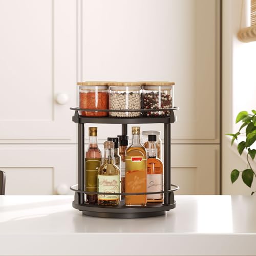 YATINEY Lazy Susan Organizer, Rotating Spice Rack, 2 Tier Spice Turntable Organizer, Industrial Turntable Spice Holder, for Kitchen Countertop and Cabinet, Compact and Versatile, Black SR22BK - color: Black, size: 10.2"L x 10.2"W x 11"H