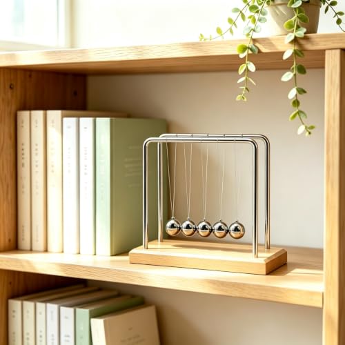 Newtons Cradle Balance Pendulum Balls, Swinging Kinetic Balls with Beech Base, Science Physics Educational Learning Tool, Office Home Creative Decoration, Stress Relief Fidget Desk Toy (Medium) - size: Beech Base Medium - 5 Balls