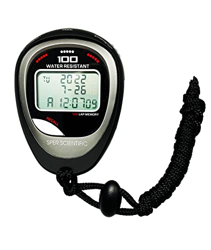 Sper Scientific 100 Memory Water and Shock Resistant Stopwatch 810036A - Stopwatch/Timer with 100 Split/Lap Memory, 20-Hour Countdown, 4 Timing Modes, Pacer, Clock/Calendar, Belt Clip & Lanyard - size: 1 Pack