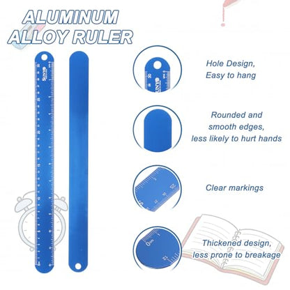 HARFINGTON 2pcs Metal Straight Ruler 12"+6" Metric SAE Dark Blue - color: Dark Blue