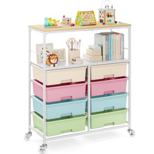 APEXCHASER Rolling Storage Cart with 8 Large Drawers,Wooden Tabletop - color: Colorful