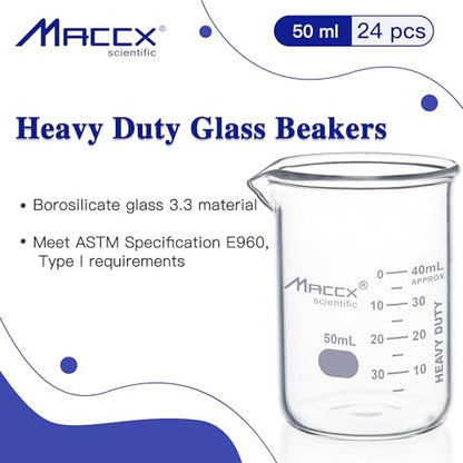 1.7oz(50ml) Sturdy Glass Beaker, 3.3 Borosilicate Griffin Low Form with Printed Graduation, Pack of 24, BKL050-024 - style: Vol.50ml, Pack of 24