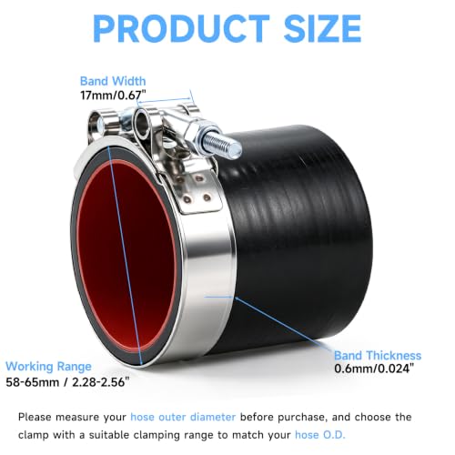 8 Pack 2 Inch T Bolt Hose Clamps 58-65mm, Heavy Duty Stainless Steel Boost Pipe Clamps for Diesel Car Intercooler Intake Radiator System - size: 58-65mm(2.28"-2.56") 8Pcs
