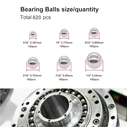weideer 620pcs Bicycle Bearing Balls Metal Mixing Balls Assortment Kit 1/4" , 7/32", 3/16", 5/32" , 1/8", 3/32". Precision Steel Balls K-168-620-GE - size: 6size 620pcs SAE