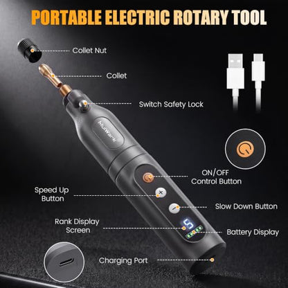 MulWark 113Pcs Rotary Tool Kit 5 Speed LED Display 4V Cordless Rotary Tool