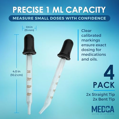 Eye Dropper - (Pack of 4) Bent & Straight Tip Calibrated Glass Medicine Droppers for Essential Oils | Dropper for Accurate Easy Dose and Measurement (1 mL Capacity)