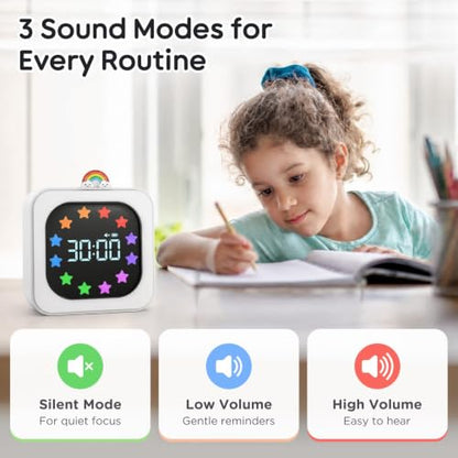 Digital Visual Timer for Kids, Rechargeable 99-Minute Countdown with 12-Star Rainbow LED Display, 9 Color Modes, Silent Mode & Pause, Timer for Classroom, Home & Kitchen - color: White