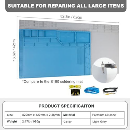 Extra Large Soldering Mat with Wristband & Grounding Accessories, 32.3’’x16.6’’ Large Silicone Solder Mat, 932℉ Heat Resistant Mat, Large Repair Workbench Pad for Electronics Repair (Light Grey) - color: Light Grey