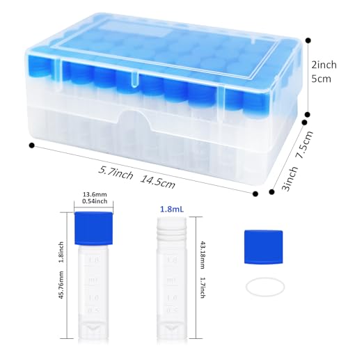 2ml Small Plastic Cryogenic Vials, Leakproof Self-Stand Cryotubes 50pcs Box - size: 50 pcs with 50 well box