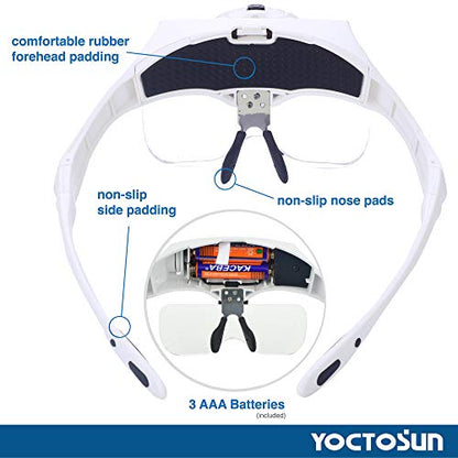 YOCTOSUN Magnifying Glasses with Light, LED Head Magnifier with 5 Lenses, Headband, Storage Case, Hands Free Lighted Head Magnifying Visor for Close Work Hobby Crafts - style: Head Magnifier with 2 LED Lights & Storage Case