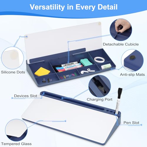 Desktop Glass Whiteboard with Storage, Desk Dry Erase White Board Blue - color: Organizer-blue