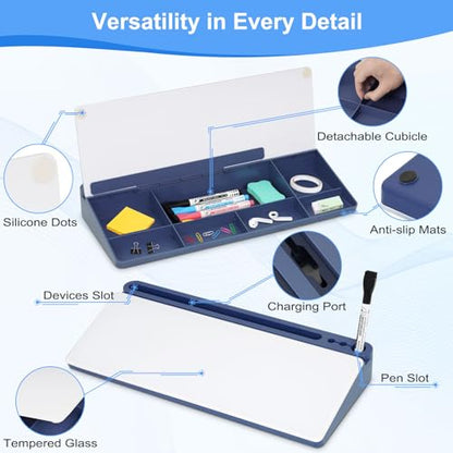 Desktop Glass Whiteboard with Storage, Desk Dry Erase White Board Blue - color: Organizer-blue