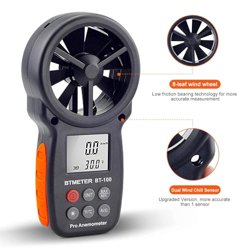 BTMETER BT-100 Handheld Anemometer, Digital Wind Speed CFM Meter Gauge Air Flow Velocity Tester for HVAC Shooting Drone, Wind Chill, 14℉-113℉ Wind Temperature - color: BT-100 Anemometer