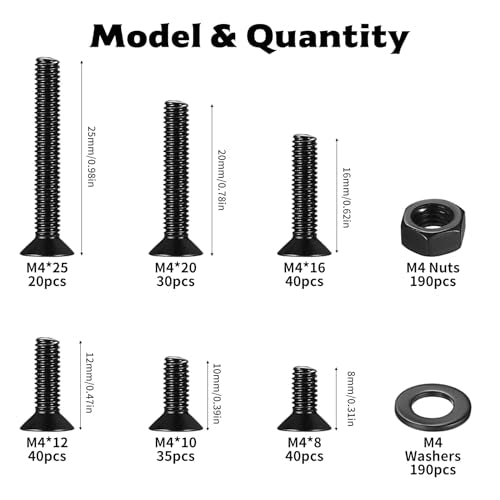 585 Pcs M4 Screws and Nuts Set, Countersunk Bolts and Nuts Assortment, Black Phillips Flat Head Machine Screws with Washers Set(M4 Screw Kit, Black) - size: M4 - 585