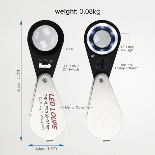 20x Foldable Pocket Magnifier Jewelers Loupe with UV and LED Light for Jewelry, Rocks, Coins, and Antiques - Illuminated Magnifying Tool for Eye, Stamps, Watches, Hobbies, and Gems - color: 20x Magnification