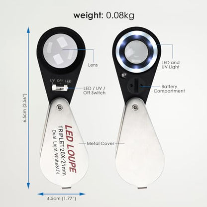 20x Foldable Pocket Magnifier Jewelers Loupe with UV and LED Light for Jewelry, Rocks, Coins, and Antiques - Illuminated Magnifying Tool for Eye, Stamps, Watches, Hobbies, and Gems - color: 20x Magnification