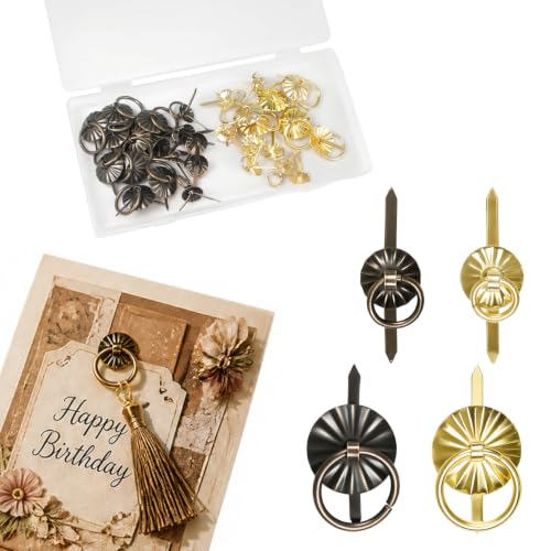 Metal Brad Fasteners with Decorative Pull Rings, 40Pcs 2 Colors 2 Styles - color: Bronze+Gold 40Pcs