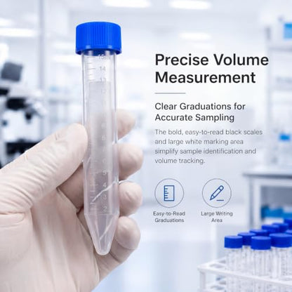 15mL Conical Centrifuge Tubes, Blue Screw Caps, Molded Graduation, 100 PCS