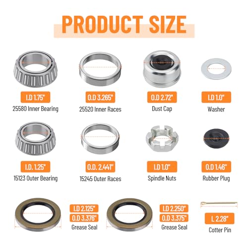 4 Sets 25580 15123 Boat Trailer Axles Bearing Kits, Grease Seals, Spindle Nuts, 2.72" Dust Caps and Rubber Plugs, Cotter Pins, Washers for 5200-6000 lb.Tandem Axles #D42 Spindle - size: 25580 15123-Set of 4