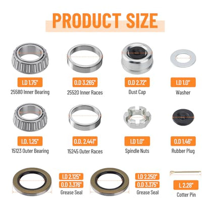 4 Sets 25580 15123 Boat Trailer Axles Bearing Kits, Grease Seals, Spindle Nuts, 2.72" Dust Caps and Rubber Plugs, Cotter Pins, Washers for 5200-6000 lb.Tandem Axles #D42 Spindle - size: 25580 15123-Set of 4