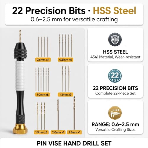 Pin Vise Hand Drill Manual, 22pc Micro Drill Bits 0.6-2.5mm Jewelry Resin