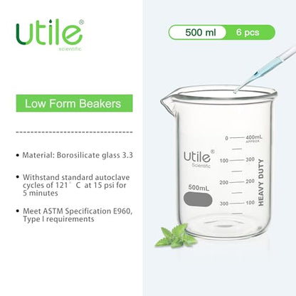 Utile 6 Pcs 500ml Glass Beaker Set, Chemical Glass Beakers, Low Form Borosilicate 3.3 Glass Lab Beaker with Printed Graduation, 4000.0500.6 - style: 500 ml (6pcs)