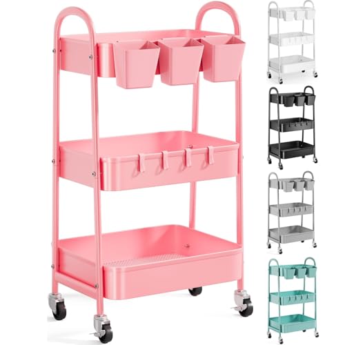 3 Tier Metal Rolling Cart with Lockable Wheels, Three Tiered Storage Carts - color: Fashion Pink, size: 3 tier