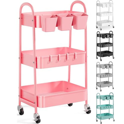 3 Tier Metal Rolling Cart with Lockable Wheels, Three Tiered Storage Carts - color: Fashion Pink, size: 3 tier
