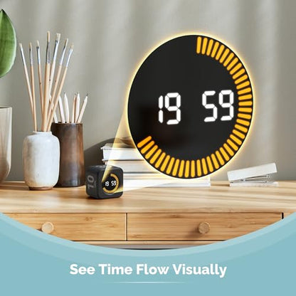 KADAMS Pomodoro Timer – Visual Cube with 5/10/30/60 Min Presets, LED Countdown Ring & Count Up Mode, Silent Flip Productivity Timer for Study, Classroom, Office, Cooking - color: Black 5-10-30-60 Min