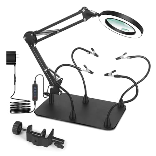 Magnifying Glass with Light and Stand, EOOKU Flexible Magnetic Helping Hand, 5X&10X 12V 108pcs LED Beads Magnifying Lamp, 3 Modes Adjustable Swivel Gooseneck Arms & Heavy Duty Base Plate