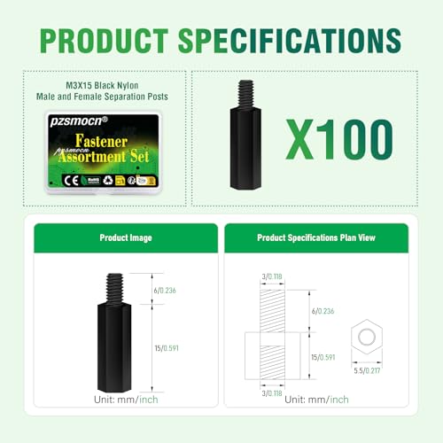 100 Pcs M3x15+6mm Nylon Black Male-Female Hex Standoff Spacer Kit - size: M3*15 mm, style: Black Male-Female Hex Standoff