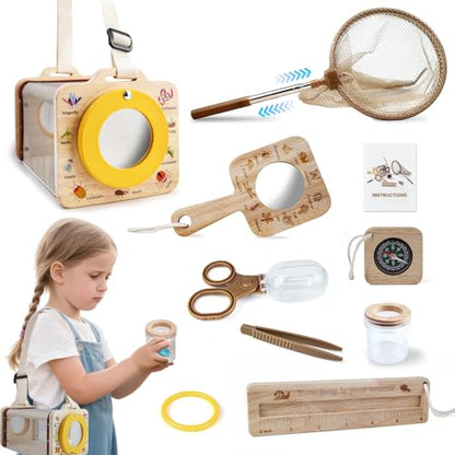 Wooden Insect Observation Kit for Kids,10Pcs Outdoor Nature Explorer Set, Insect Habitat Cage,Butterfly Net,Magnifying Glass,Compass STEM Education Toy, Birthday Backyard Gift for 3+ Boys & Girls