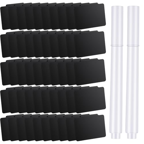52PCS Basket Labels Clip On Set, 50 Removable PVC Bin Label Holders with 2 Chalk Markers for Pantry Storage Bins Organization (Black)