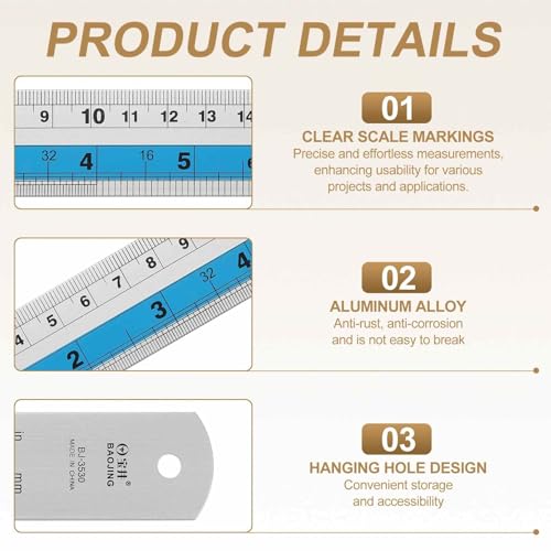 HARFINGTON 4pcs Metal Straight Ruler 30cm Metric SAE Aluminum Alloy Measuring Rulers Scale Tools with Hole for Measure Study Reading Classroom Office, Blue - color: Blue, size: 30cm