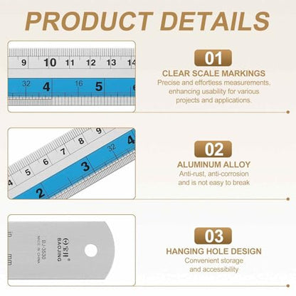 HARFINGTON 4pcs Metal Straight Ruler 30cm Metric SAE Aluminum Alloy Measuring Rulers Scale Tools with Hole for Measure Study Reading Classroom Office, Blue - color: Blue, size: 30cm