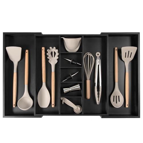 KitchenEdge Utensil & Junk Drawer Organizer, 16-28 in, Black Bamboo - color: White, size: From 16" to 28" Wide