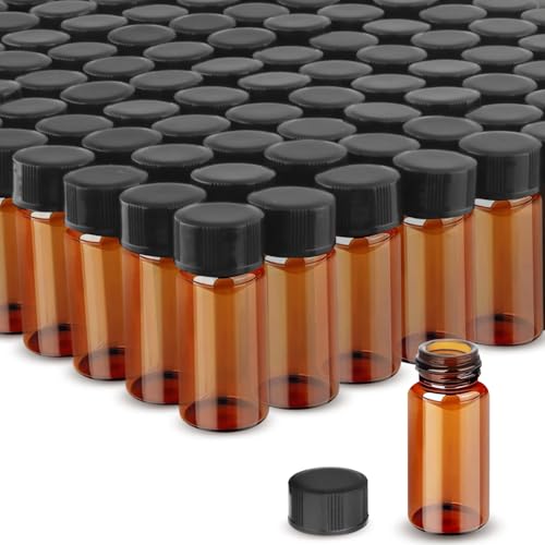 100 Pack,Glass Essential Oil Bottle with Screw Caps,Empty Refillable Travel Glass Liquid Sample Vial Labs Preservation Storage Leakproof Vials Test Container with Black Screw Caps (Amber, 5ml) - color: Amber, size: 5ml