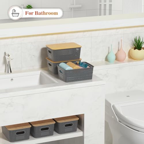 Ohmlove 6 Pack Plastic Storage Baskets with Bamboo Lids for Organization - color: Gray