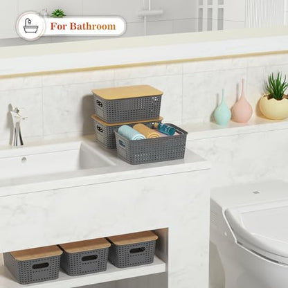Ohmlove 6 Pack Plastic Storage Baskets with Bamboo Lids for Organization - color: Gray