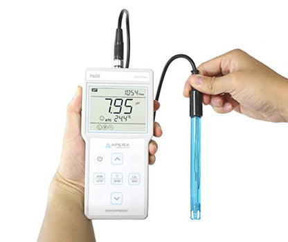 Apera Instruments PH400 Portable pH Meter Kit with Pre-mixed Buffers, 0.01 pH Accuracy, 0-14.00 pH Measuring Range, 3-Point Auto Calibration, 3' Probe - style: pH