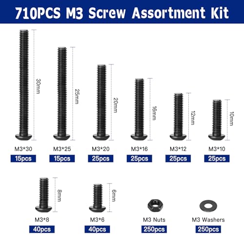 710PCS M3 Screw Assortment Kit, M3x6/8/10/12/16/20/25/30mm M3 Screw Kits - size: M3