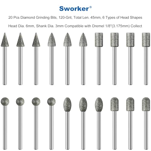 20Pcs 120-Grit Diamond Grinder Bit 1/8" Shank Compatible with Dremel Rotary Tool Attachment Accessories Grinding Burrs for Stone Glass Resin Porcelain Ceramic Quartz Glaze Steel Carve Engrave Polish